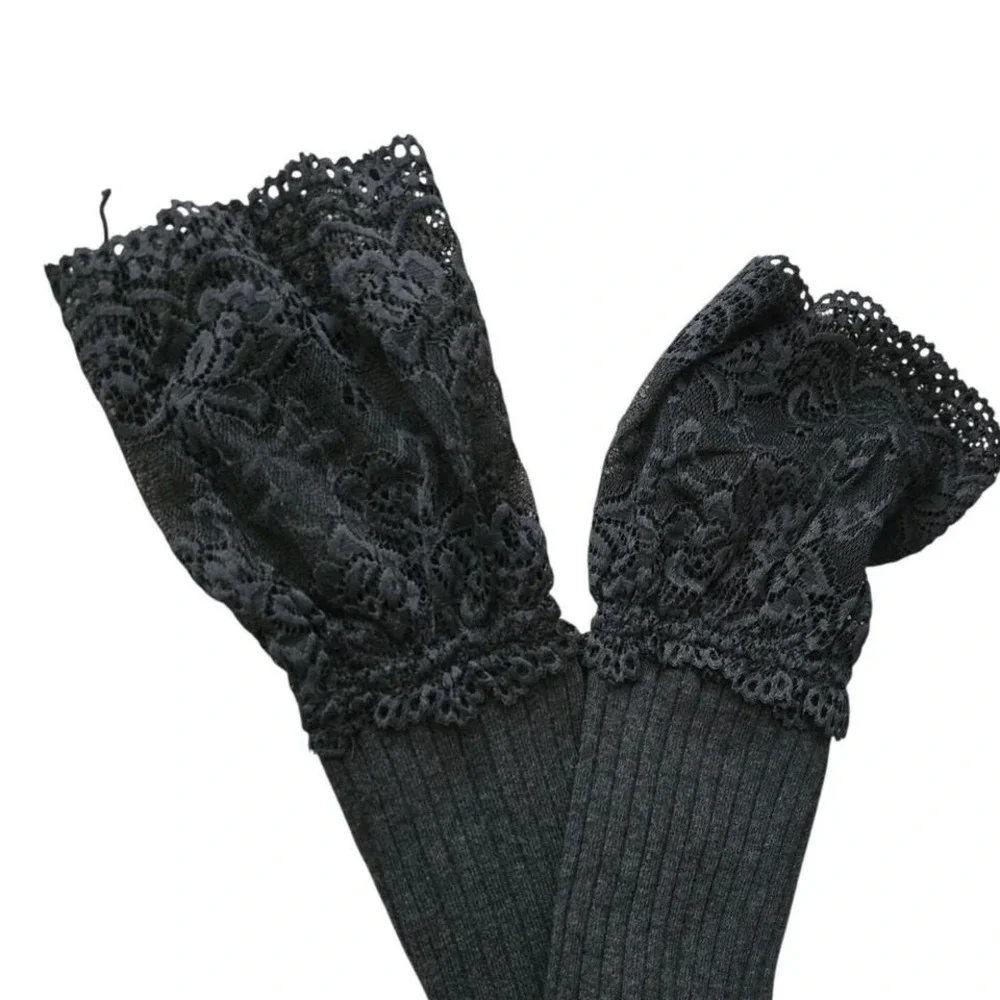 Classic‎ Charcoal Grey Ribbed Over The Knee Socks with Floral Lace Trim NWT